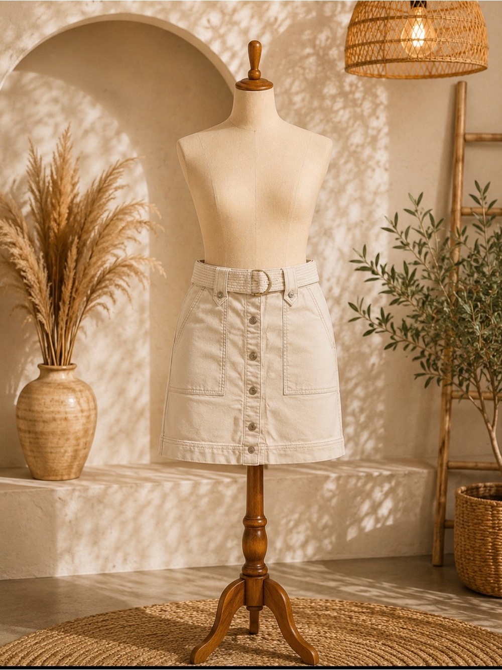 White House Black Market Cream Button-Front Mini Skirt with Woven Belt